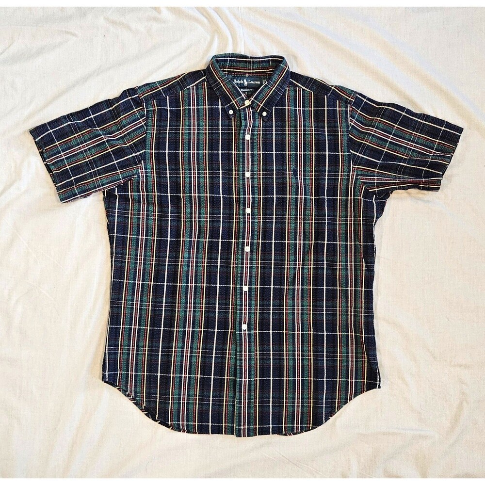 Ralph Lauren Classic Fit Seersucker Shirt Mens L Blue Plaid Short Sleeve Button